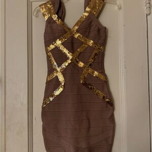 Herve Leger Gold and Brown Mini Dress